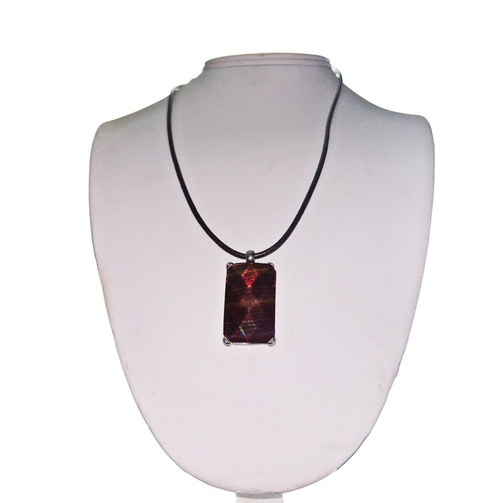 Chico's Brown Cord Necklace with Faceted Multi Color Rectangle Pendant